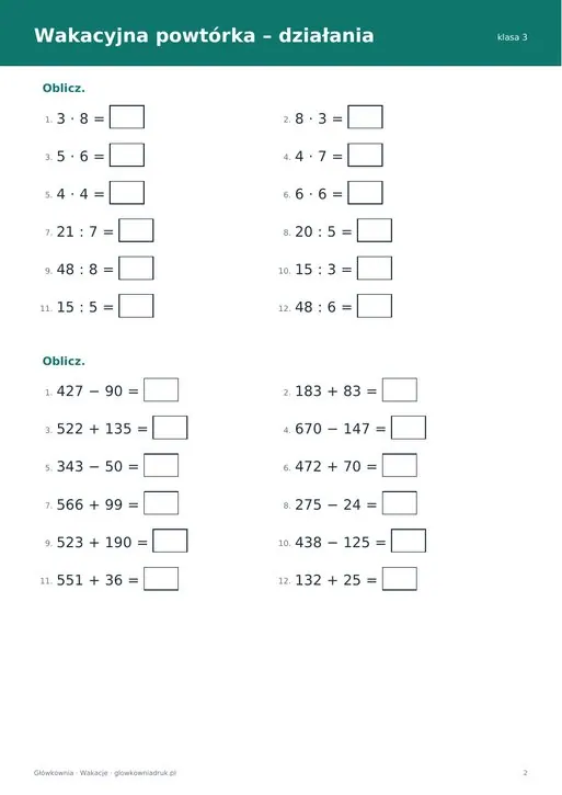 Wakacyjna powtórka z matematyki – klasa 3