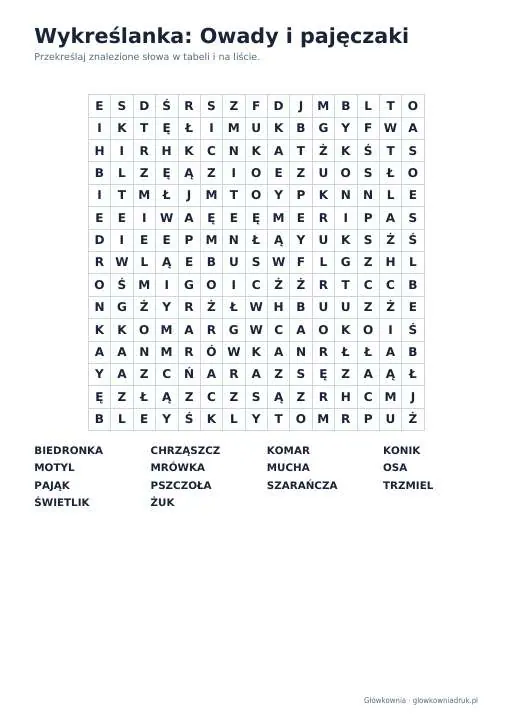 Podgląd: Wykreślanka: Owady i pajęczaki
