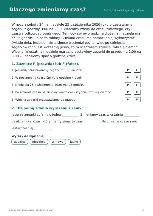 Dlaczego zmieniamy czas? Karta pracy o zmianie czasu